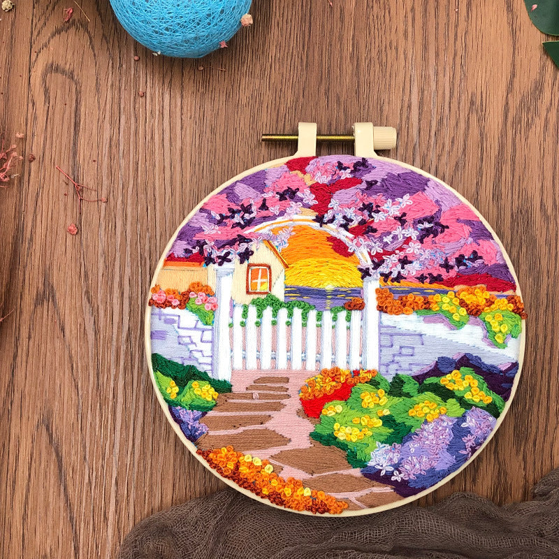 Purple Flower Sunset - DIY Embroidery Cross Stitch Kit with Pattern Cotton Threads Needles Hoop 30x30CM/11.81x11.81in