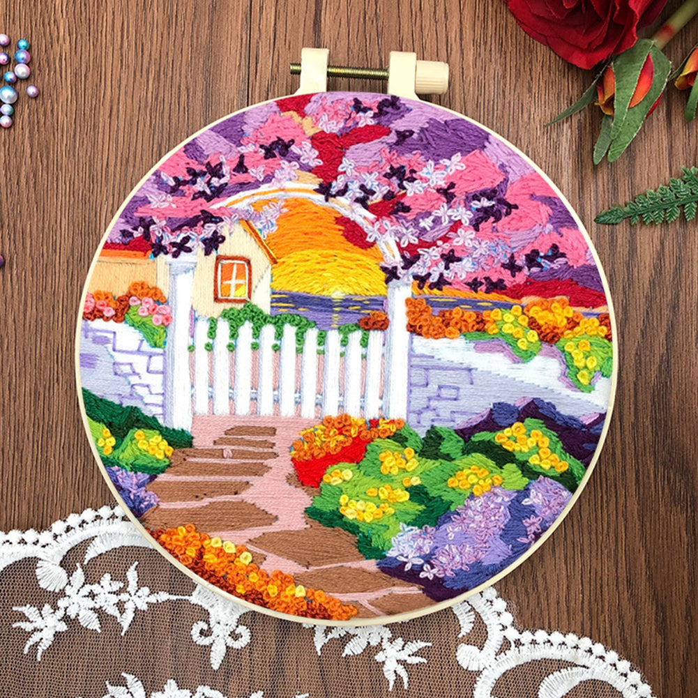Purple Flower Sunset - DIY Embroidery Cross Stitch Kit with Pattern Cotton Threads Needles Hoop 30x30CM/11.81x11.81in
