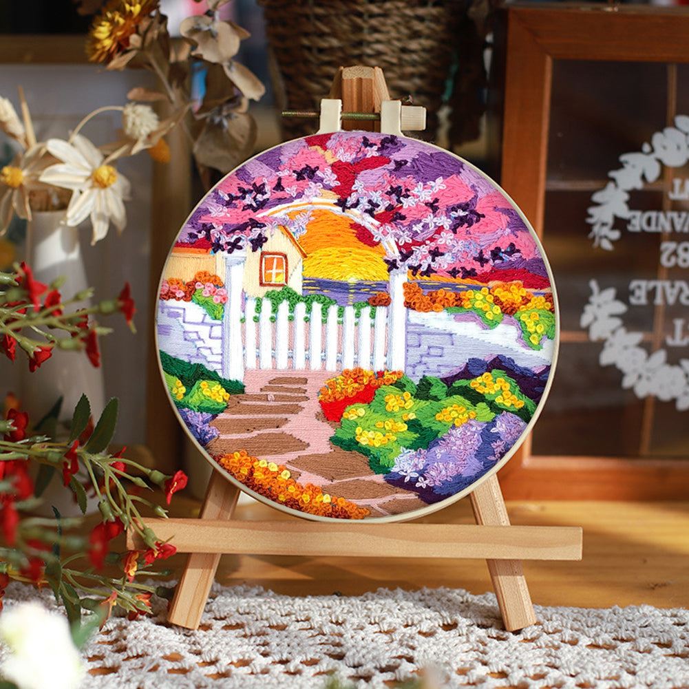 Purple Flower Sunset - DIY Embroidery Cross Stitch Kit with Pattern Cotton Threads Needles Hoop 30x30CM/11.81x11.81in