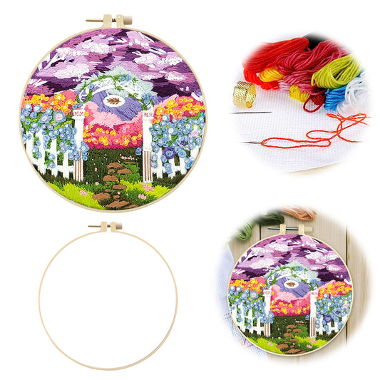 Purple Garden - DIY Embroidery Cross Stitch Kit with Pattern Cotton Threads Needles Hoop 30x30CM/11.81x11.81in