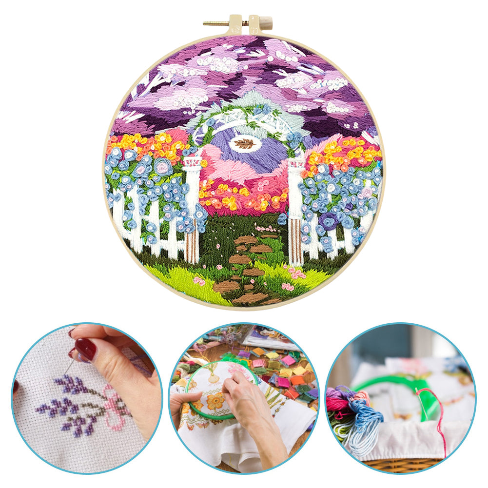 Purple Garden - DIY Embroidery Cross Stitch Kit with Pattern Cotton Threads Needles Hoop 30x30CM/11.81x11.81in
