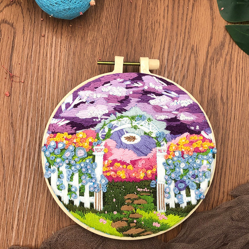 Purple Garden - DIY Embroidery Cross Stitch Kit with Pattern Cotton Threads Needles Hoop 30x30CM/11.81x11.81in