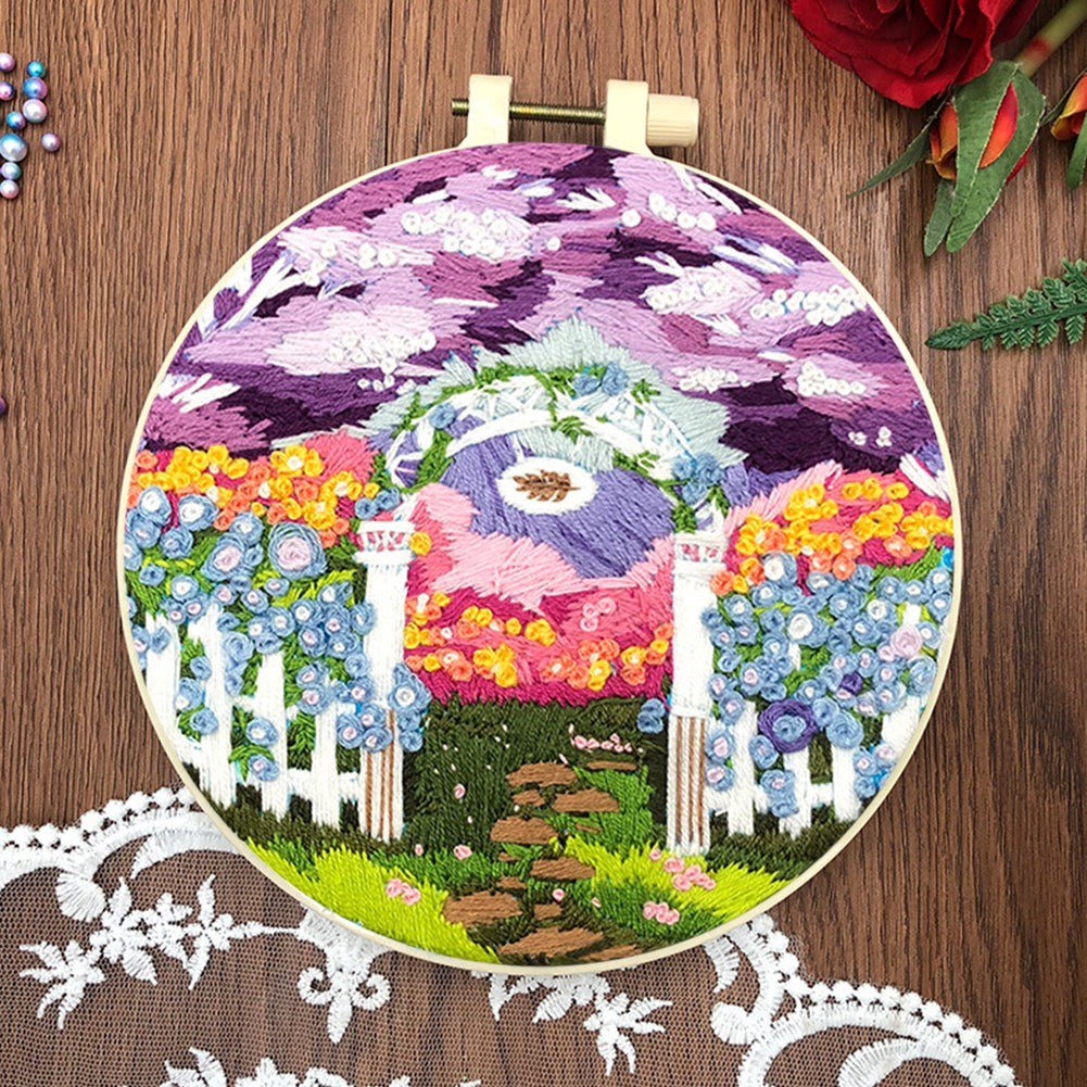 Purple Garden - DIY Embroidery Cross Stitch Kit with Pattern Cotton Threads Needles Hoop 30x30CM/11.81x11.81in