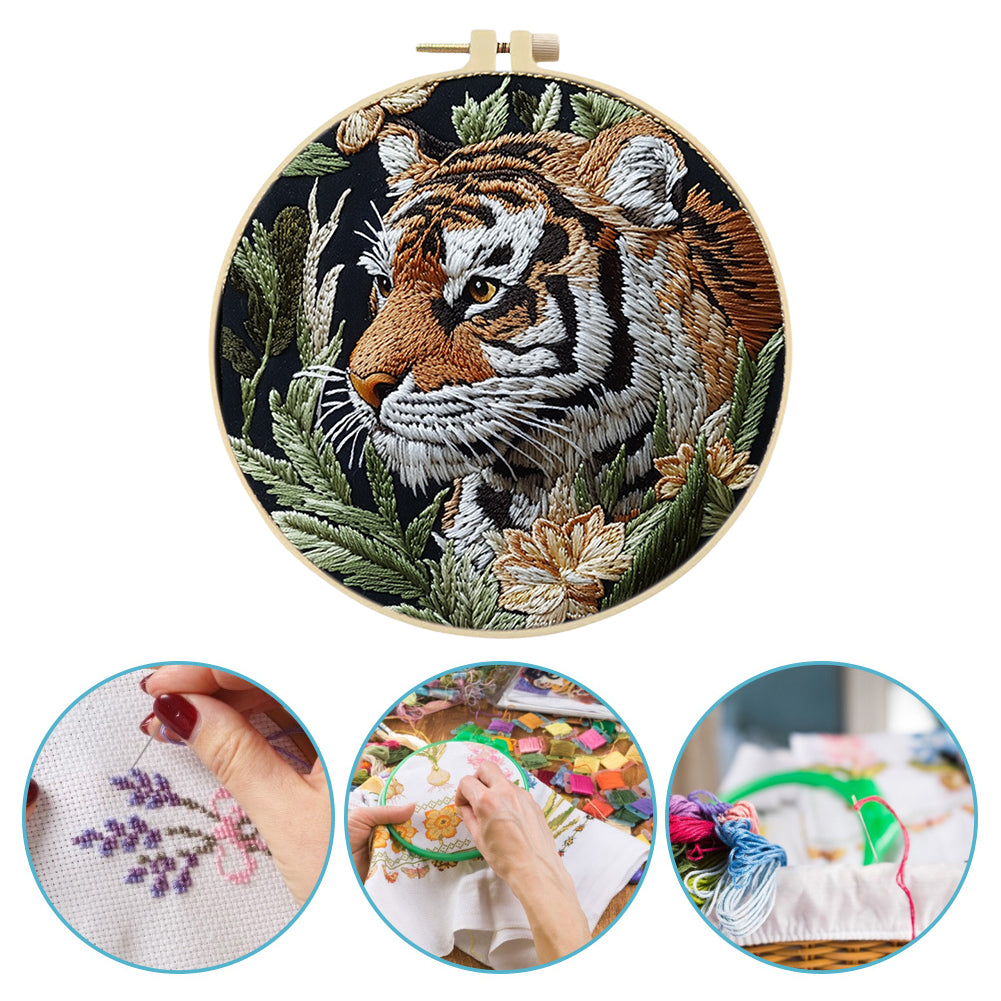Profile Tiger - DIY Embroidery Cross Stitch Kit with Pattern Cotton Threads Needles Hoop 30x30CM/11.81x11.81in