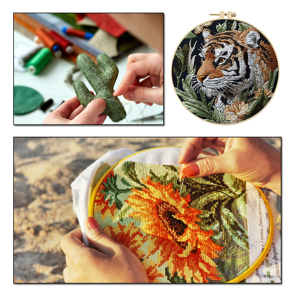 Profile Tiger - DIY Embroidery Cross Stitch Kit with Pattern Cotton Threads Needles Hoop 30x30CM/11.81x11.81in