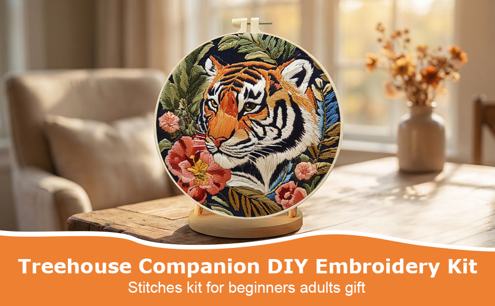 Red Flower Tiger - DIY Embroidery Cross Stitch Kit with Pattern Cotton Threads Needles Hoop 30x30CM/11.81x11.81in