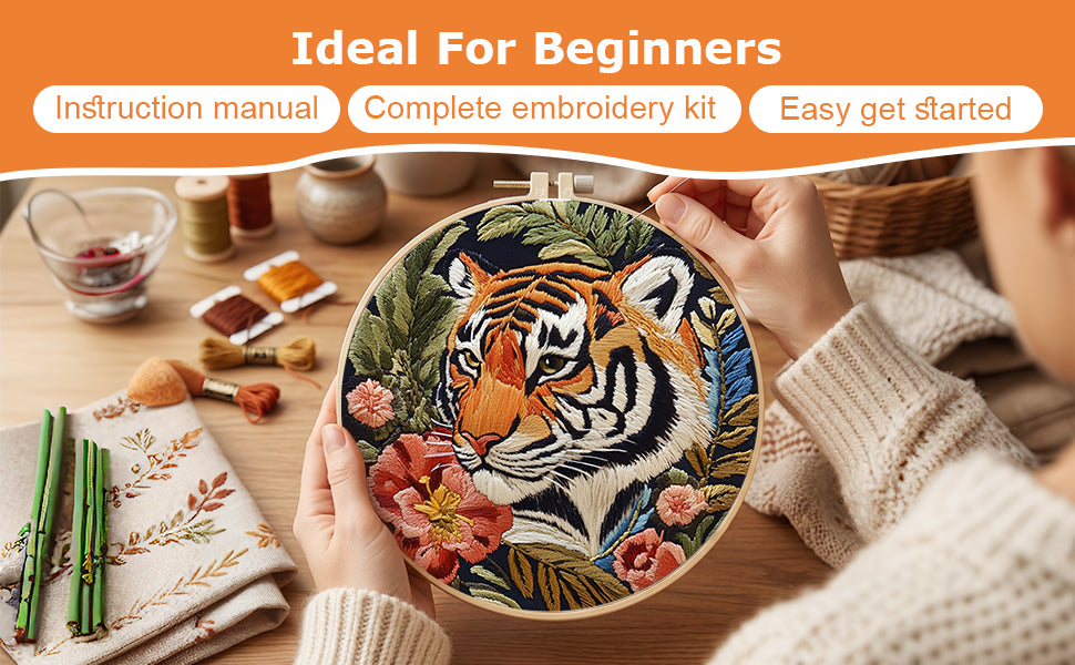 Red Flower Tiger - DIY Embroidery Cross Stitch Kit with Pattern Cotton Threads Needles Hoop 30x30CM/11.81x11.81in