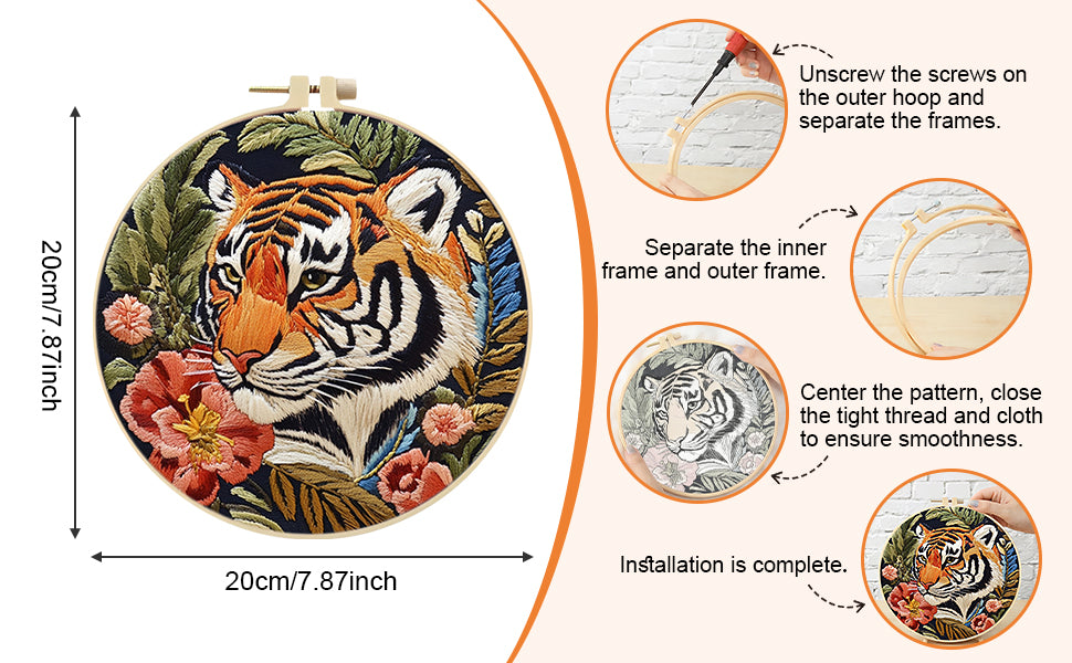 Red Flower Tiger - DIY Embroidery Cross Stitch Kit with Pattern Cotton Threads Needles Hoop 30x30CM/11.81x11.81in
