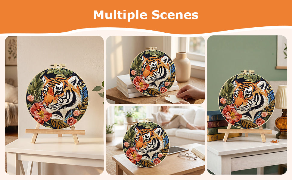 Red Flower Tiger - DIY Embroidery Cross Stitch Kit with Pattern Cotton Threads Needles Hoop 30x30CM/11.81x11.81in