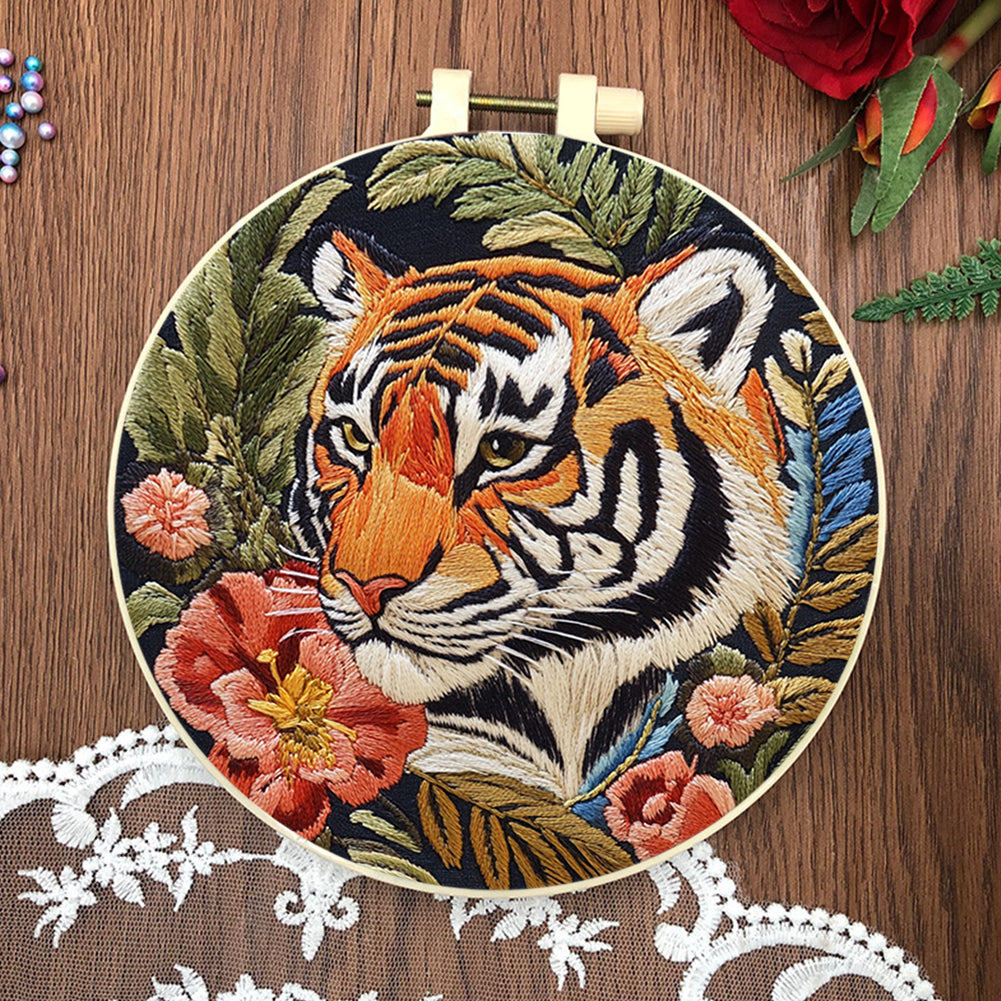 Red Flower Tiger - DIY Embroidery Cross Stitch Kit with Pattern Cotton Threads Needles Hoop 30x30CM/11.81x11.81in