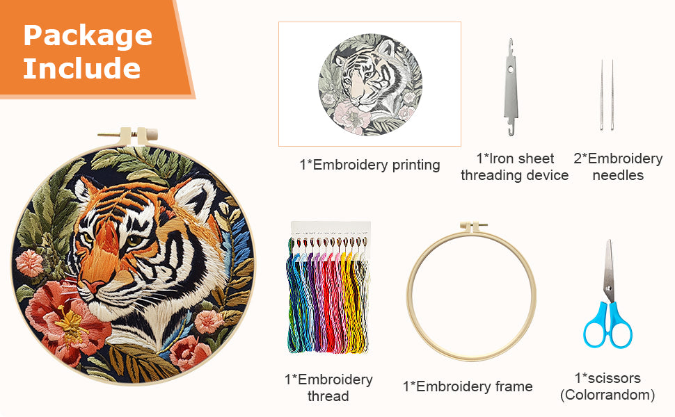 Red Flower Tiger - DIY Embroidery Cross Stitch Kit with Pattern Cotton Threads Needles Hoop 30x30CM/11.81x11.81in