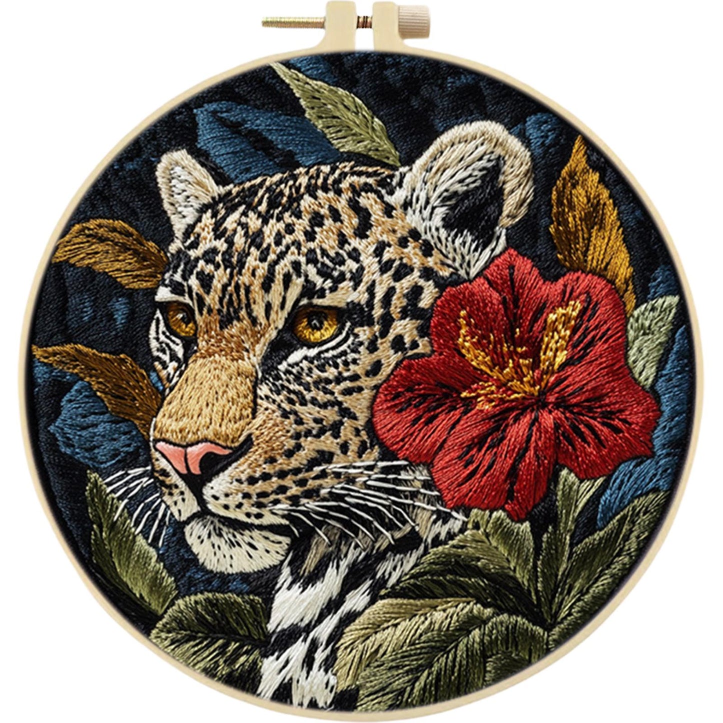 Red Flower Leopard - DIY Embroidery Cross Stitch Kit with Pattern Cotton Threads Needles Hoop 30x30CM/11.81x11.81in