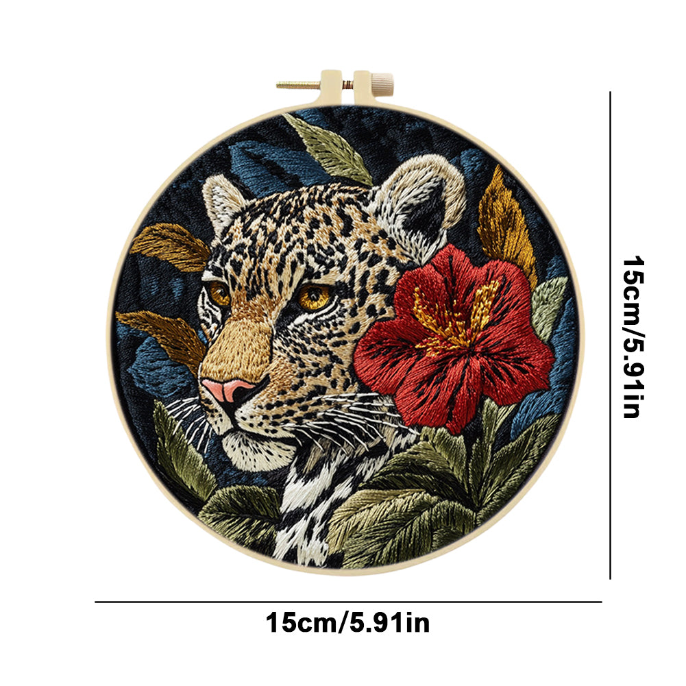 Red Flower Leopard - DIY Embroidery Cross Stitch Kit with Pattern Cotton Threads Needles Hoop 30x30CM/11.81x11.81in