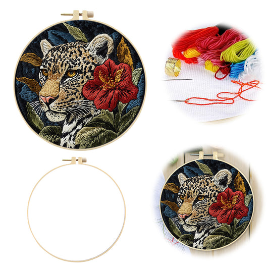 Red Flower Leopard - DIY Embroidery Cross Stitch Kit with Pattern Cotton Threads Needles Hoop 30x30CM/11.81x11.81in