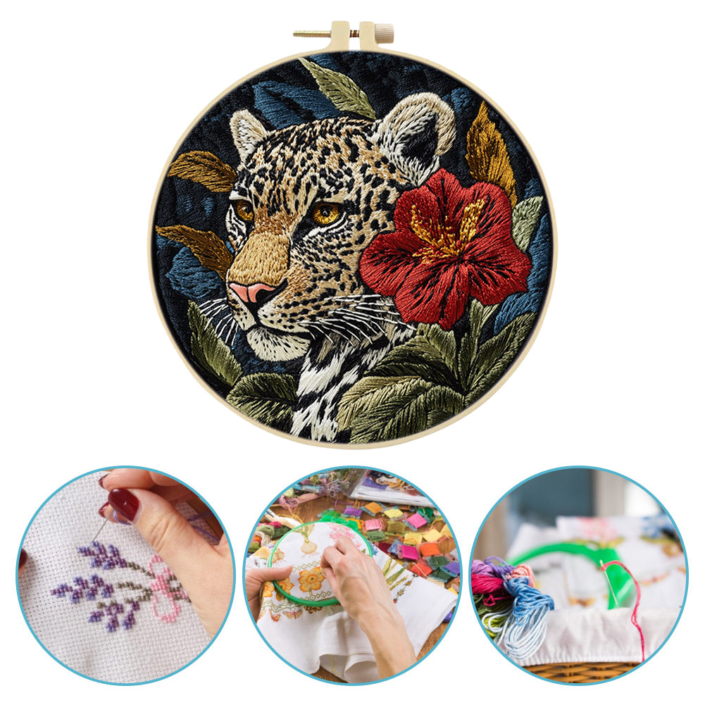Red Flower Leopard - DIY Embroidery Cross Stitch Kit with Pattern Cotton Threads Needles Hoop 30x30CM/11.81x11.81in