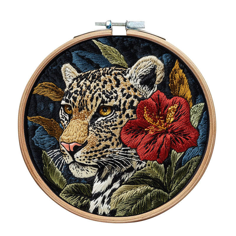 Red Flower Leopard - DIY Embroidery Cross Stitch Kit with Pattern Cotton Threads Needles Hoop 30x30CM/11.81x11.81in