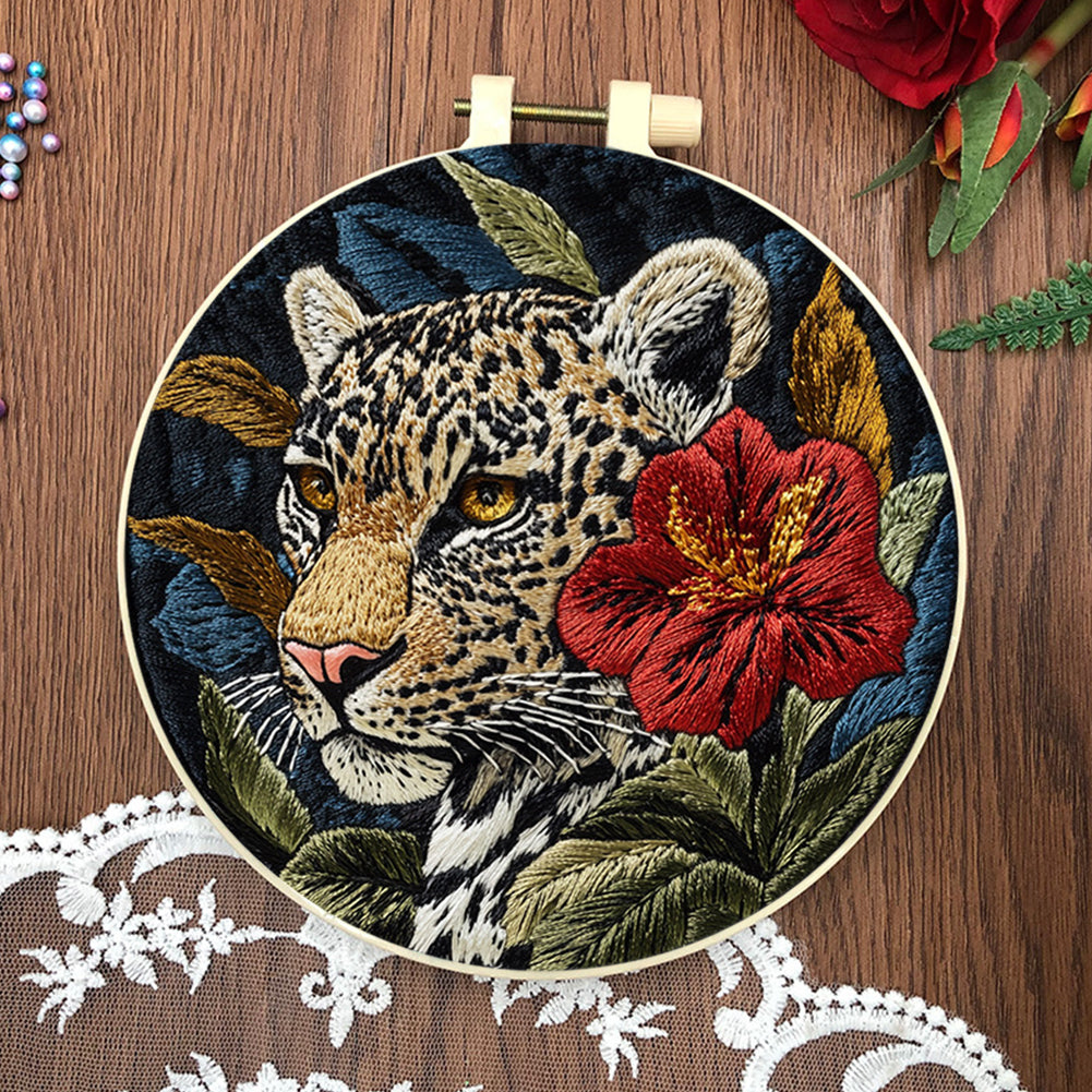 Red Flower Leopard - DIY Embroidery Cross Stitch Kit with Pattern Cotton Threads Needles Hoop 30x30CM/11.81x11.81in
