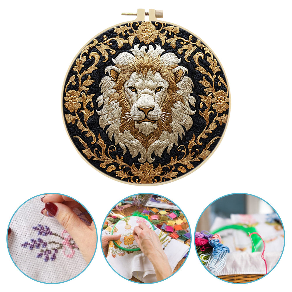 Golden Tiger Head - DIY Embroidery Cross Stitch Kit with Pattern Cotton Threads Needles Hoop 30x30CM/11.81x11.81in
