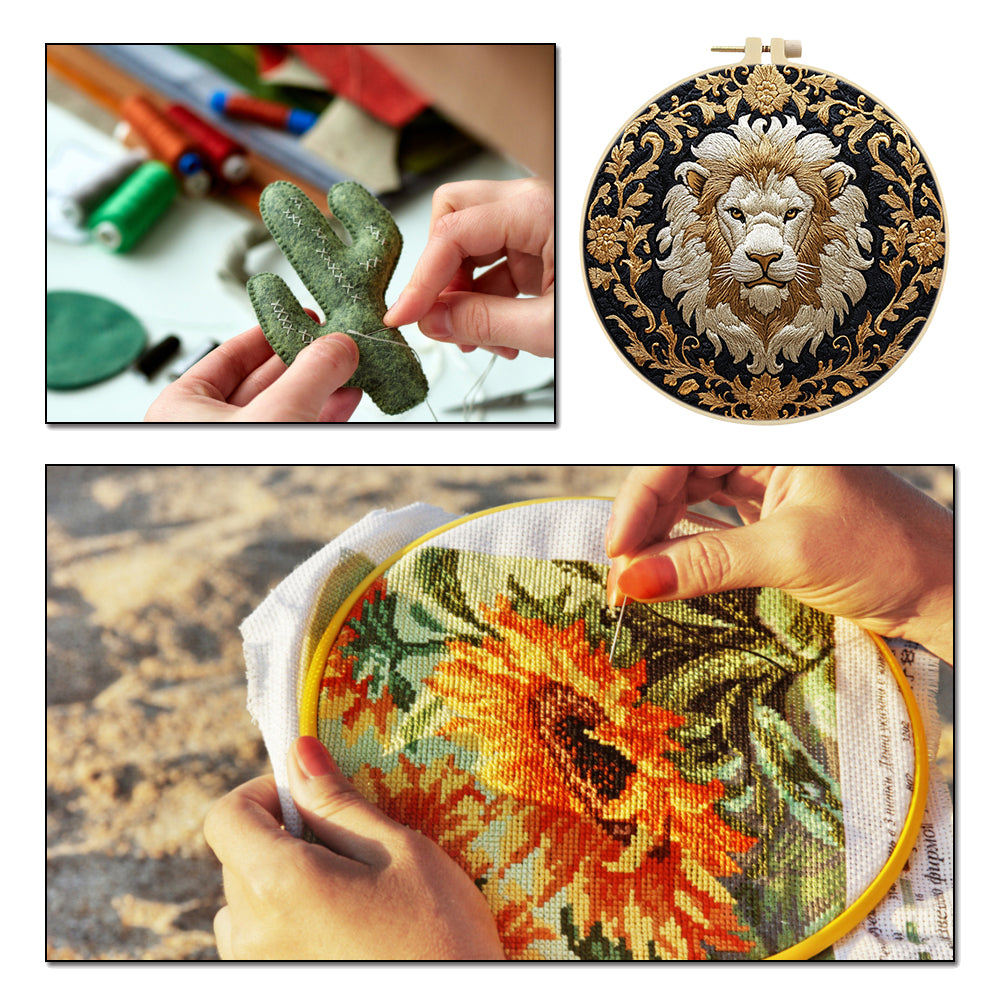 Golden Tiger Head - DIY Embroidery Cross Stitch Kit with Pattern Cotton Threads Needles Hoop 30x30CM/11.81x11.81in