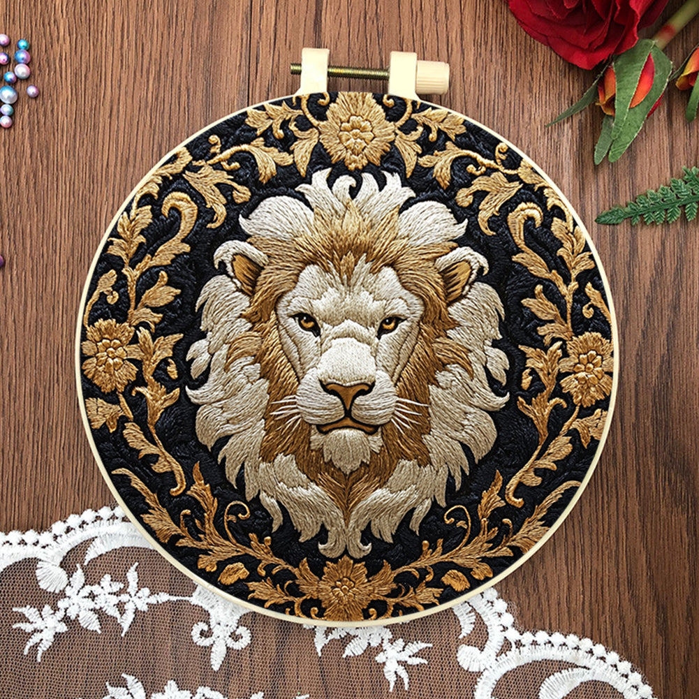 Golden Tiger Head - DIY Embroidery Cross Stitch Kit with Pattern Cotton Threads Needles Hoop 30x30CM/11.81x11.81in