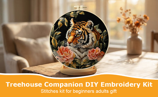 Tiger & Peony - DIY Embroidery Cross Stitch Kit with Pattern Cotton Threads Needles Hoop 30x30CM/11.81x11.81in