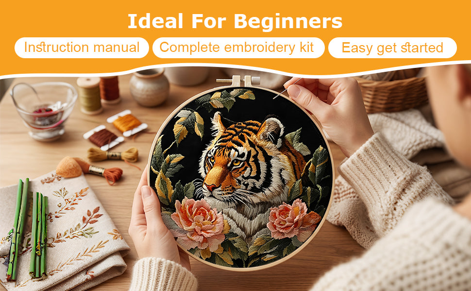 Tiger & Peony - DIY Embroidery Cross Stitch Kit with Pattern Cotton Threads Needles Hoop 30x30CM/11.81x11.81in