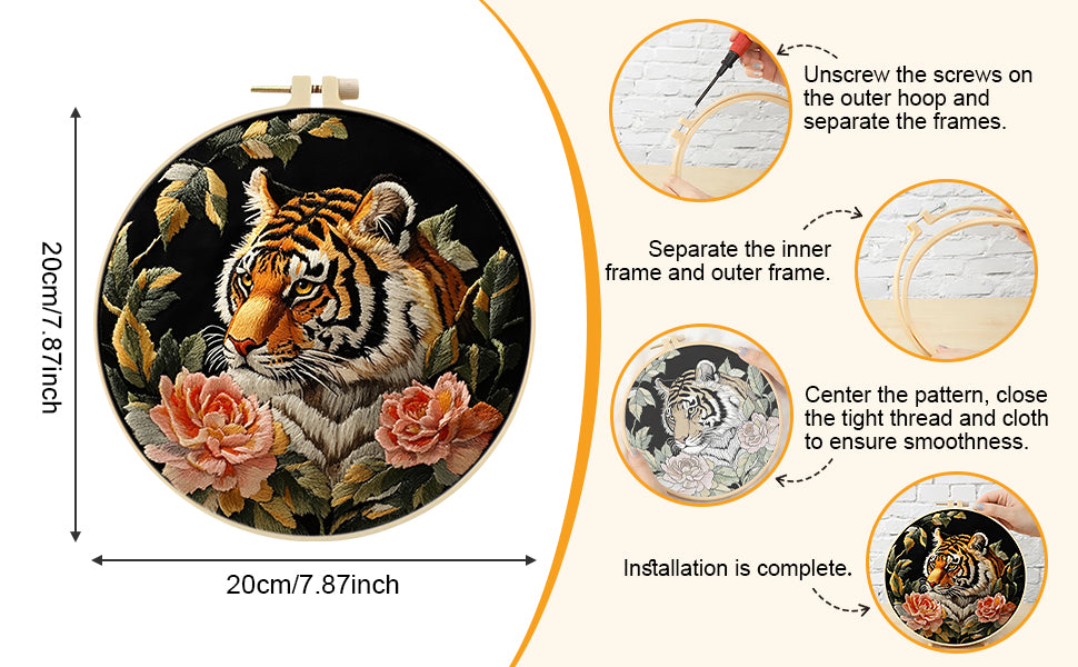 Tiger & Peony - DIY Embroidery Cross Stitch Kit with Pattern Cotton Threads Needles Hoop 30x30CM/11.81x11.81in