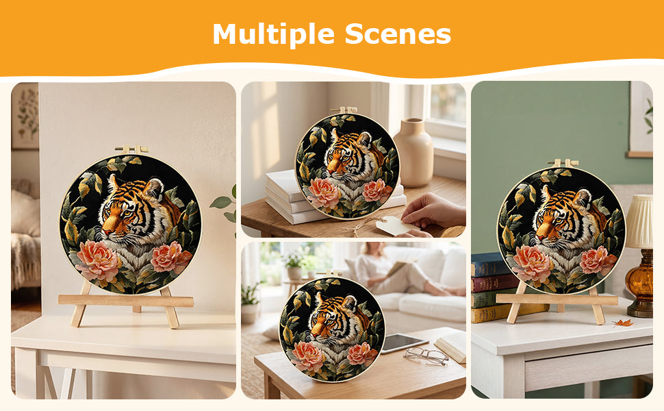 Tiger & Peony - DIY Embroidery Cross Stitch Kit with Pattern Cotton Threads Needles Hoop 30x30CM/11.81x11.81in
