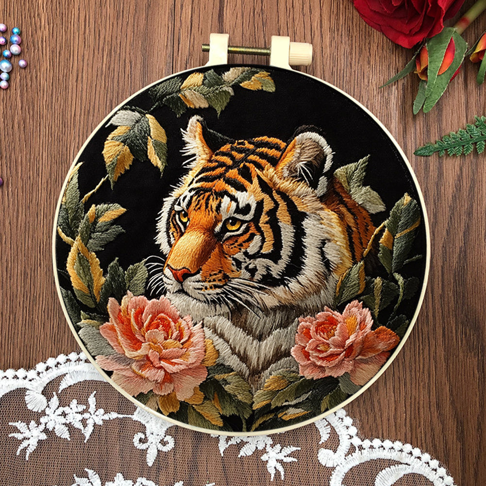Tiger & Peony - DIY Embroidery Cross Stitch Kit with Pattern Cotton Threads Needles Hoop 30x30CM/11.81x11.81in