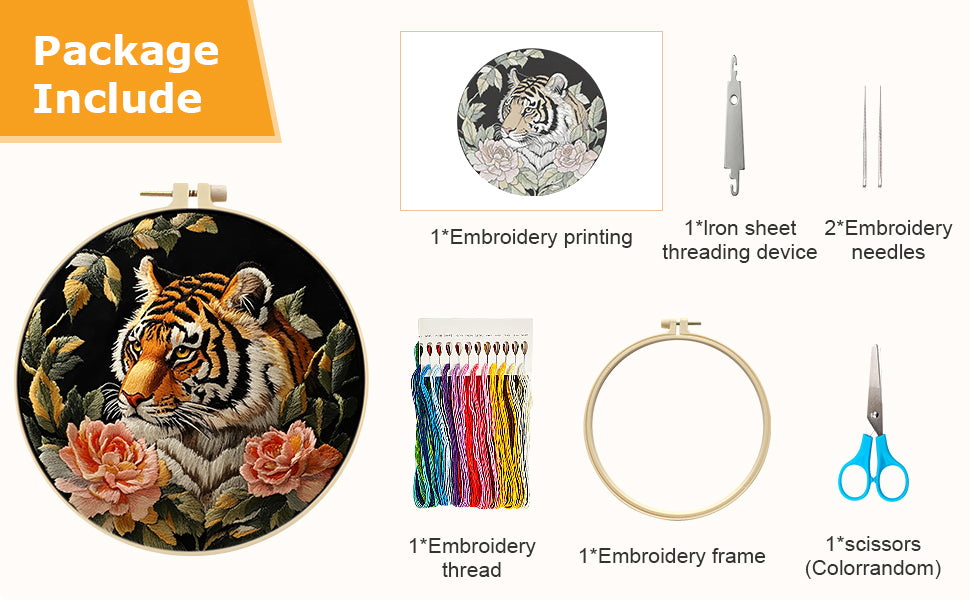 Tiger & Peony - DIY Embroidery Cross Stitch Kit with Pattern Cotton Threads Needles Hoop 30x30CM/11.81x11.81in
