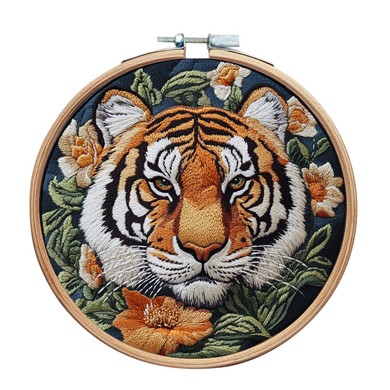 Front Tiger Head - DIY Embroidery Cross Stitch Kit with Pattern Cotton Threads Needles Hoop 30x30CM/11.81x11.81in