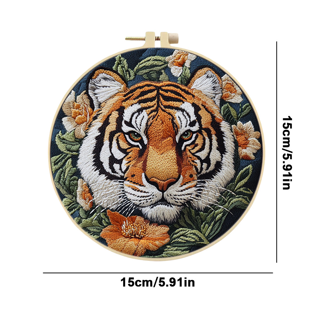 Front Tiger Head - DIY Embroidery Cross Stitch Kit with Pattern Cotton Threads Needles Hoop 30x30CM/11.81x11.81in