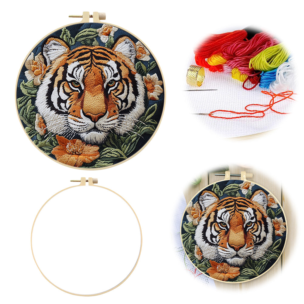 Front Tiger Head - DIY Embroidery Cross Stitch Kit with Pattern Cotton Threads Needles Hoop 30x30CM/11.81x11.81in