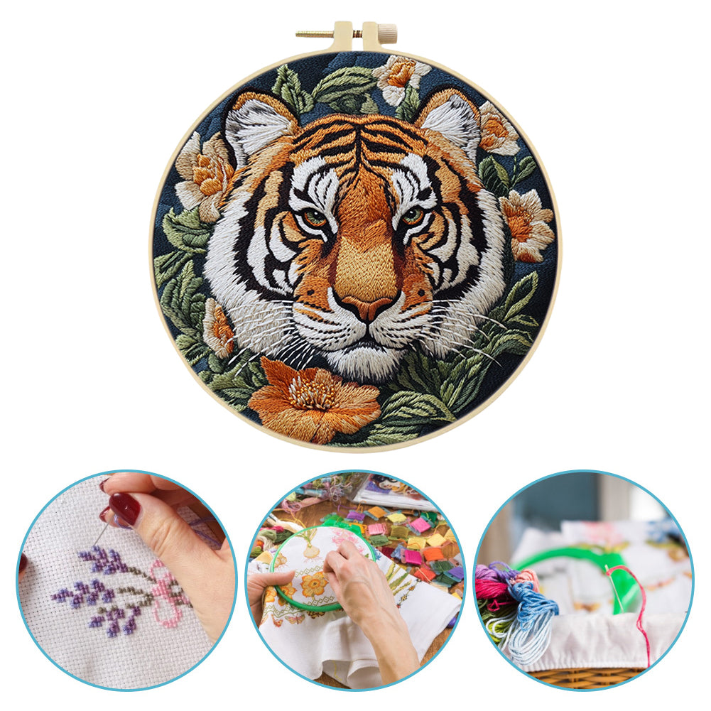 Front Tiger Head - DIY Embroidery Cross Stitch Kit with Pattern Cotton Threads Needles Hoop 30x30CM/11.81x11.81in