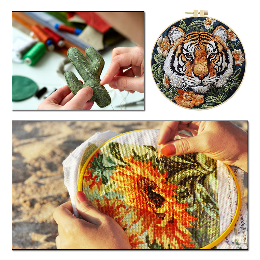Front Tiger Head - DIY Embroidery Cross Stitch Kit with Pattern Cotton Threads Needles Hoop 30x30CM/11.81x11.81in