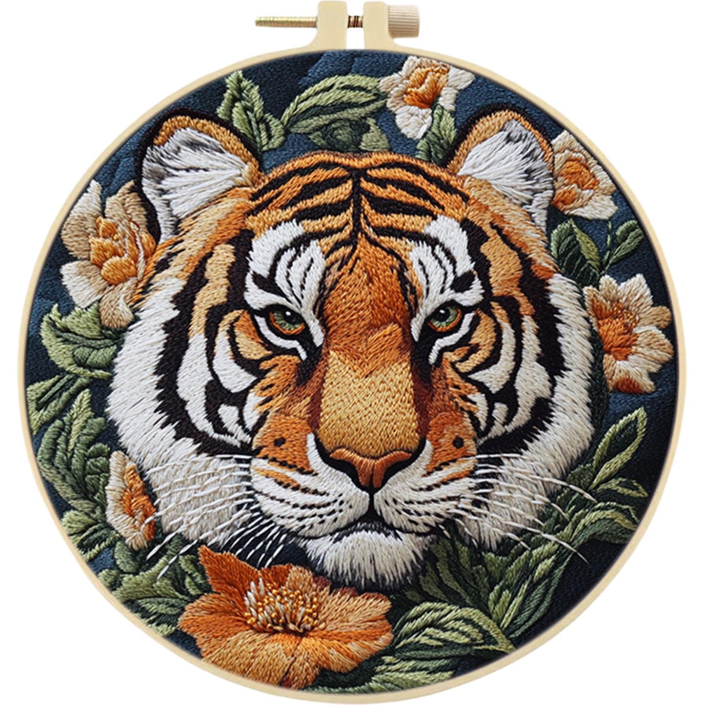 Front Tiger Head - DIY Embroidery Cross Stitch Kit with Pattern Cotton Threads Needles Hoop 30x30CM/11.81x11.81in