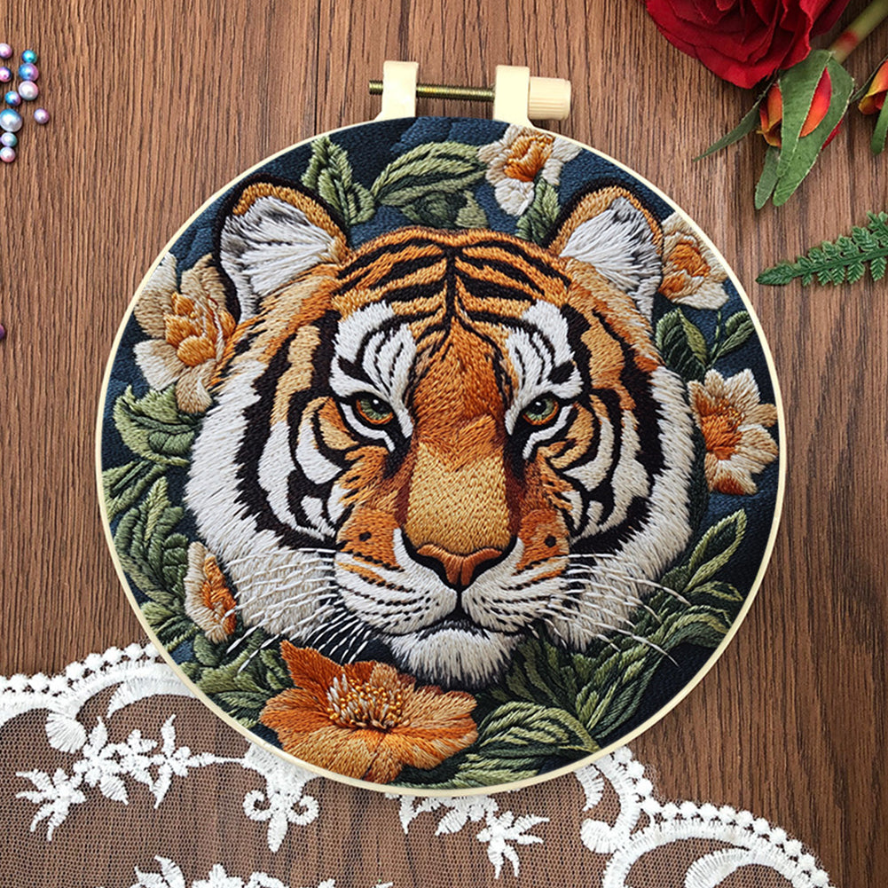 Front Tiger Head - DIY Embroidery Cross Stitch Kit with Pattern Cotton Threads Needles Hoop 30x30CM/11.81x11.81in