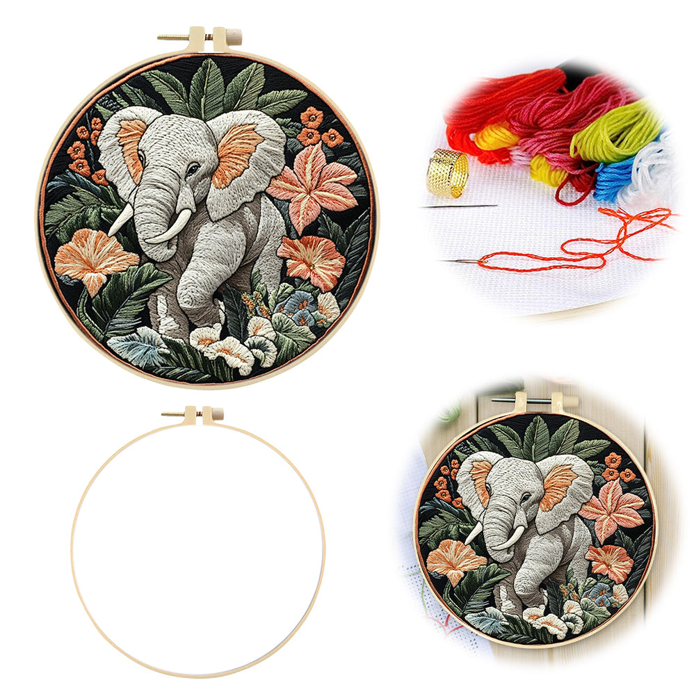 Cute Elephant - DIY Embroidery Cross Stitch Kit with Pattern Cotton Threads Needles Hoop 30x30CM/11.81x11.81in