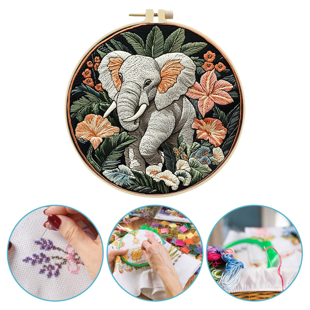 Cute Elephant - DIY Embroidery Cross Stitch Kit with Pattern Cotton Threads Needles Hoop 30x30CM/11.81x11.81in