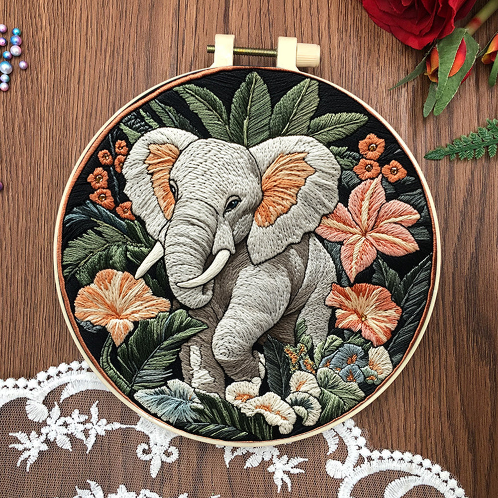 Cute Elephant - DIY Embroidery Cross Stitch Kit with Pattern Cotton Threads Needles Hoop 30x30CM/11.81x11.81in