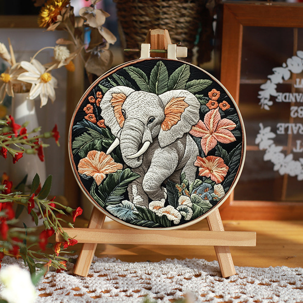 Cute Elephant - DIY Embroidery Cross Stitch Kit with Pattern Cotton Threads Needles Hoop 30x30CM/11.81x11.81in
