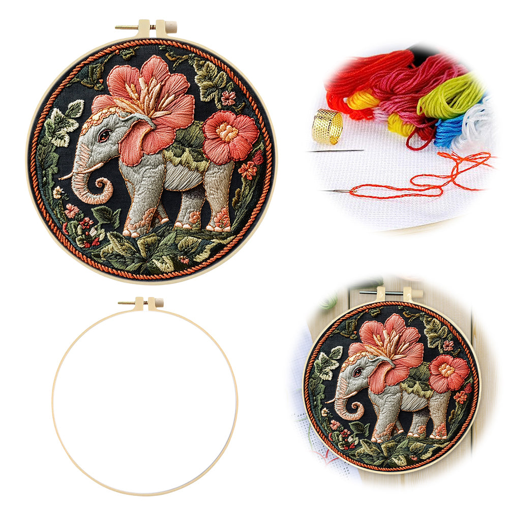 Sacred Elephant - DIY Embroidery Cross Stitch Kit with Pattern Cotton Threads Needles Hoop 30x30CM/11.81x11.81in