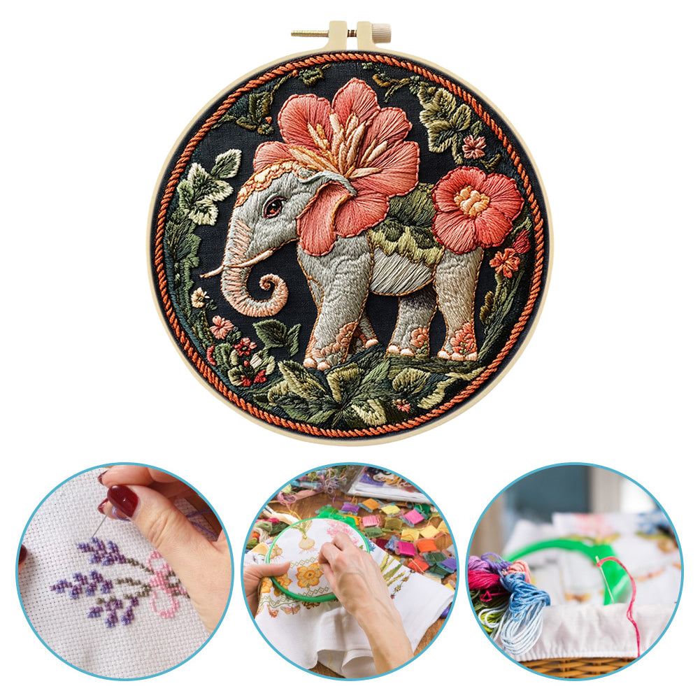 Sacred Elephant - DIY Embroidery Cross Stitch Kit with Pattern Cotton Threads Needles Hoop 30x30CM/11.81x11.81in