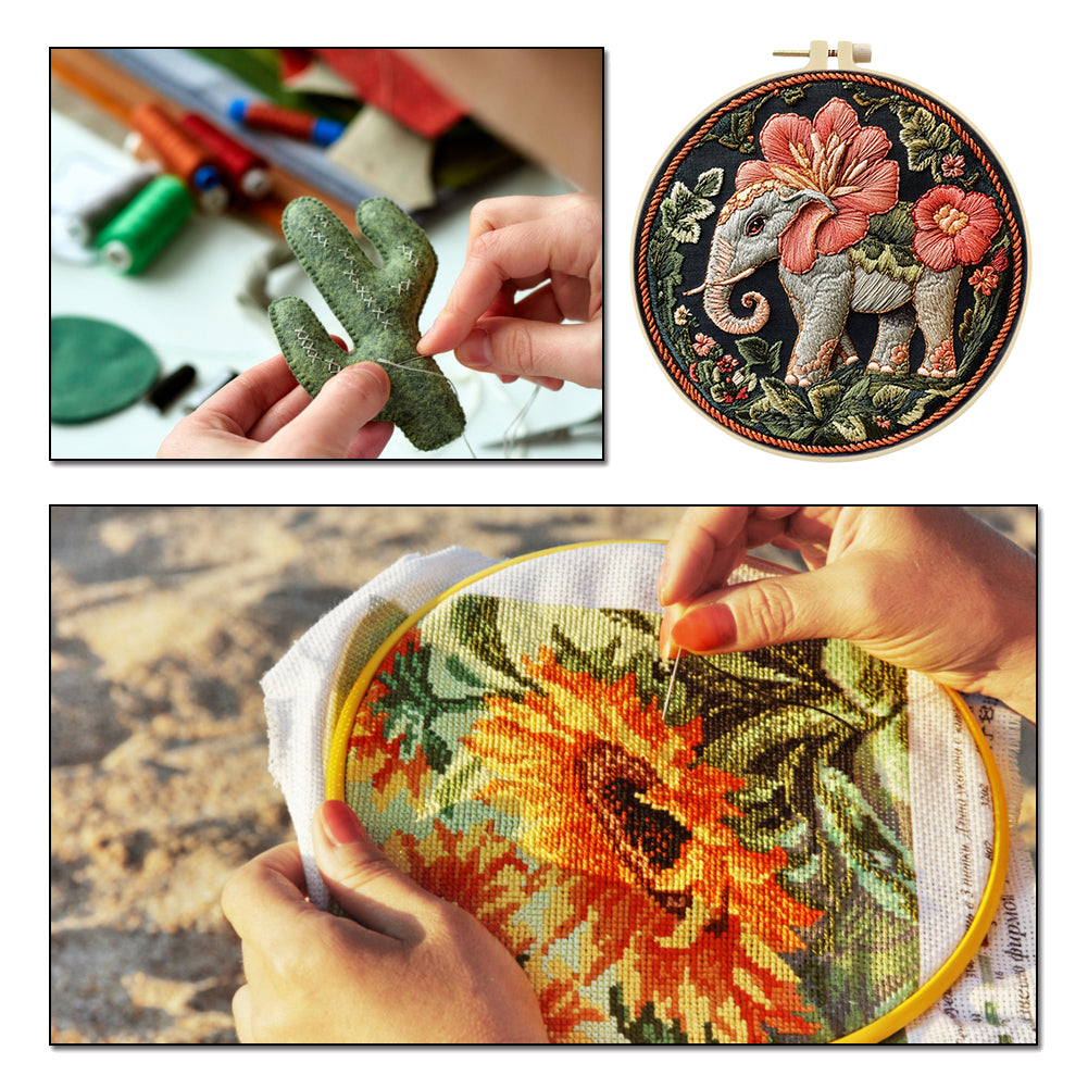 Sacred Elephant - DIY Embroidery Cross Stitch Kit with Pattern Cotton Threads Needles Hoop 30x30CM/11.81x11.81in