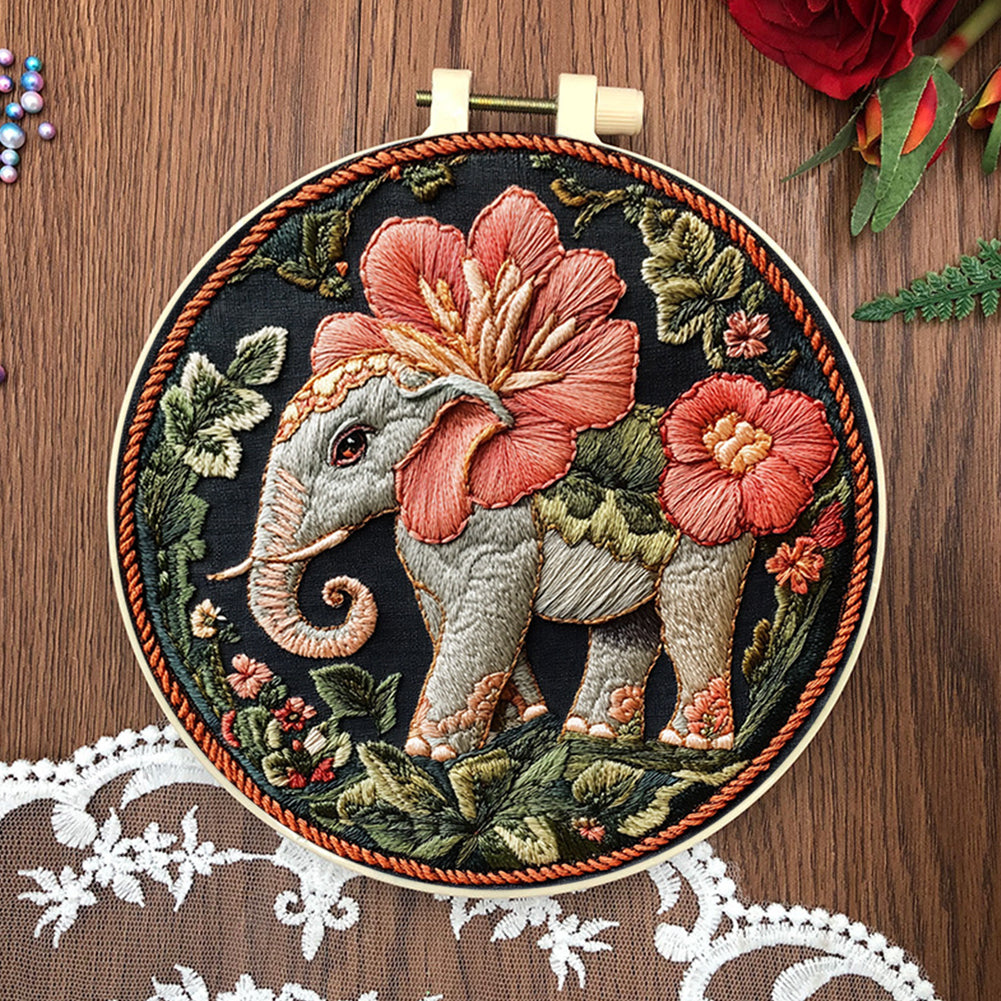 Sacred Elephant - DIY Embroidery Cross Stitch Kit with Pattern Cotton Threads Needles Hoop 30x30CM/11.81x11.81in