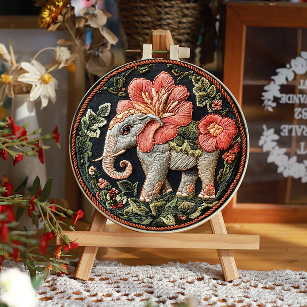 Sacred Elephant - DIY Embroidery Cross Stitch Kit with Pattern Cotton Threads Needles Hoop 30x30CM/11.81x11.81in