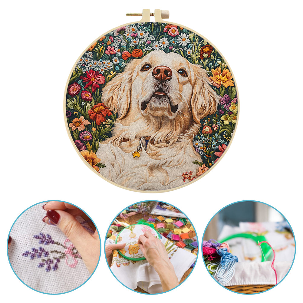 White Dog Head - DIY Embroidery Cross Stitch Kit with Pattern Cotton Threads Needles Hoop 30x30CM/11.81x11.81in