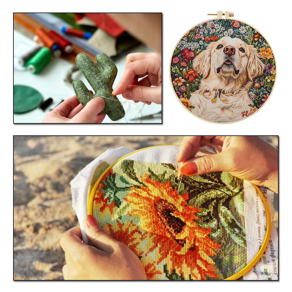 White Dog Head - DIY Embroidery Cross Stitch Kit with Pattern Cotton Threads Needles Hoop 30x30CM/11.81x11.81in