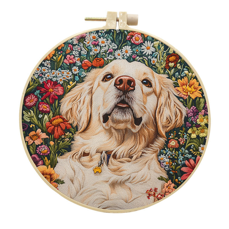 White Dog Head - DIY Embroidery Cross Stitch Kit with Pattern Cotton Threads Needles Hoop 30x30CM/11.81x11.81in