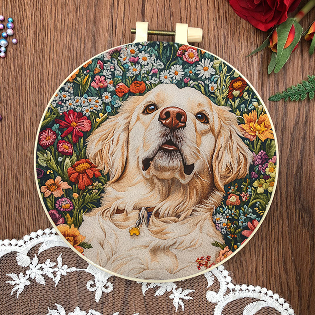 White Dog Head - DIY Embroidery Cross Stitch Kit with Pattern Cotton Threads Needles Hoop 30x30CM/11.81x11.81in
